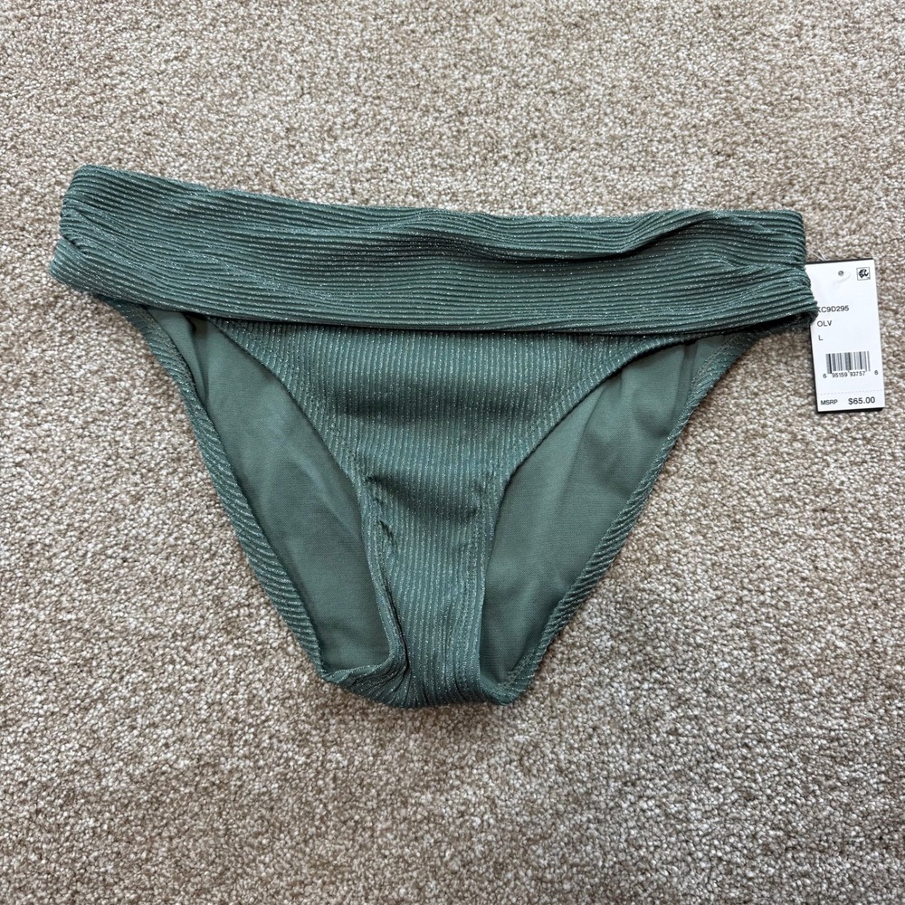 Kenneth Cole New York Olive Green Ribbed Metallic Bikini Bottoms L NEW Swim